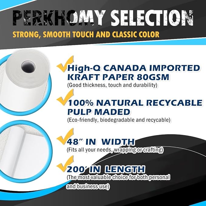PerkHomy 48" x 2,400" (200') White Kraft Paper Roll for Craft Bulletin Board Paper Art Table Covering Crafting Gift Wrapping Bouquet Packing Parcel 80GSM 55LB (White, 48" x 200')