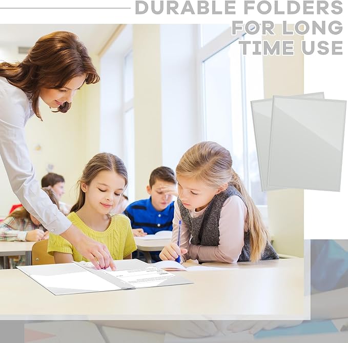 Henoyso 48 Pcs Plastic Folder with Clear Front Pocket and 3 Prongs Heavy Duty Plastic Folders with Card Slot Pocket Folders with Prongs for School Office Home(Grey,White)