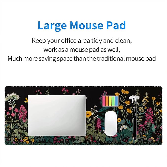 Floral Desk Pad Mouse Pad Weeds Flower Aesthetic Wildflower Mousepad XL Large Gaming Mouse Pad Laptop Keyboard Mat Desk Pad Office Home Decor for Women Girl 31.5"x11.8"