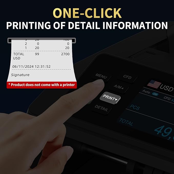 PONNOR N70 Mixed Denomination Money Counter Machine, Value Counting, Cash Counter with Three Displays, UV/MG/IR/MT Counterfeit Detection for Money Counting, Printer Enabled Bill Counter for Business