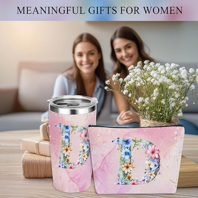 Personalized Gifts Monogrammed Birthday Gifts for Women, Boss Teacher Appreciation Christmas Initial 20 oz Tumbler, Makeup Bag Cup Ballpoint Pens Journal Notebook 6 Set, (Aesthetic Pink Flower D)