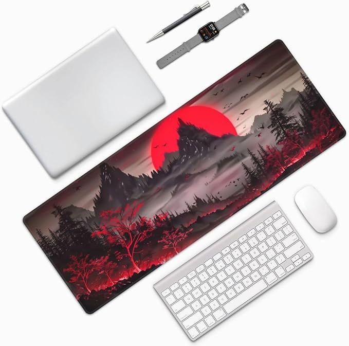 Extended Gaming Mouse Pad, Large Desk Mat XL Anime Mouse Pad Waterproof with Stitched Edges, Non-Slip Desktop Pad for Home and Office, Level Up Your 31.5x11.8 Inch (Darkness Red Moon2)