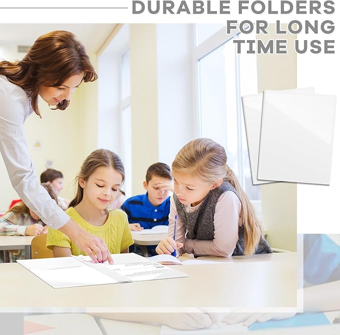 Henoyso 36 Pcs Plastic Folder with Clear Front Pocket and 3 Prong Plastic Folders with Card Slot Pocket Folders with Prongs for School Office (White)