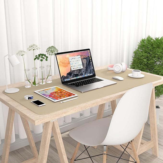 Hsurbtra Desk Pad, 35.5" x 17" PU Leather Desk Mat, XXL Extended Mouse Pad, Waterproof Desktop Blotter Protector, Non-Slip Ultra Thin Large Laptop Keyboard Writing Mat for Office Home, Beige