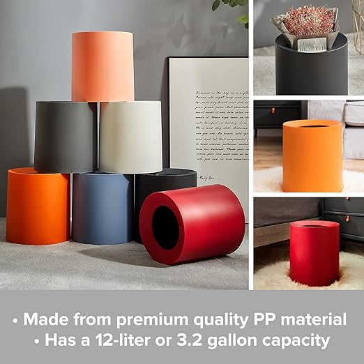 Modern Round Waste Basket - 3.2Gal/12.1L Open Top Trash Bin - Black Garbage Can with Removable Plastic Bin Liner - Touchless Bathroom Garbage Can or Trash Can for Kitchen - Minimalist Office Trash Can