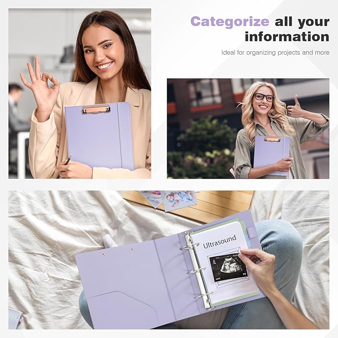 Ospelelf Mini Binder 2 Inch Small 3 Ring Vintage Leather Clipboard 5.5" x 8.5", Professional Binder Organizer Dividers with Tabs, Purple