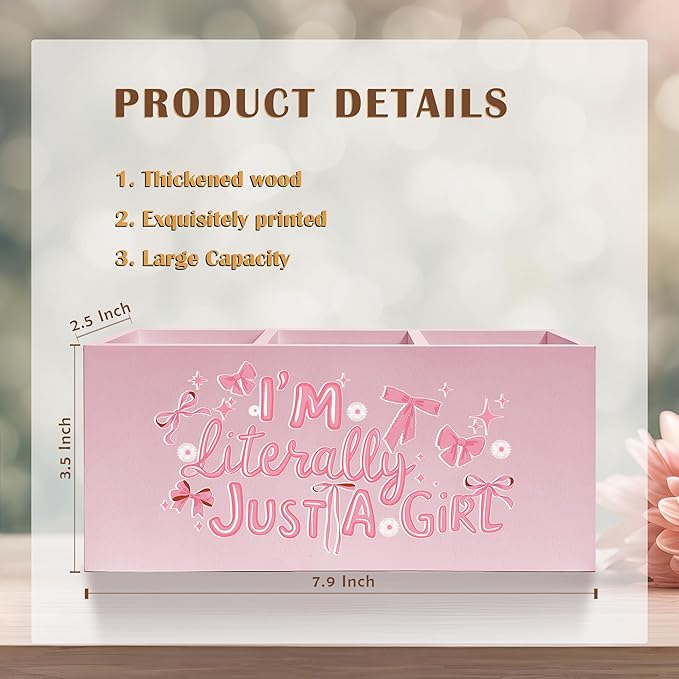 I'm Literally Just A Girl Makeup Brush Toothbrush Holder, Trendy Pink Coquette Bow Wooden Pen Pencil Holder Organizer for Dorm Bedroom Desk Accessories, Back to School Gifts for Girls