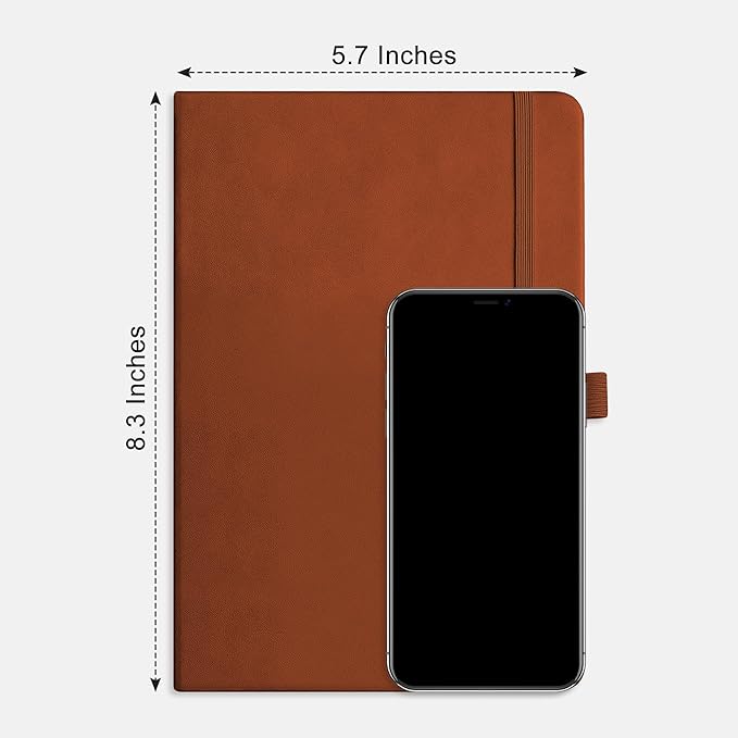 RETTACY Bullet Dotted Journal Notebook, 256 Pages, A5 Medium Size (5.7'' × 8.3''), Leather Hardcover, 120 GSM Thick Paper, for Bullet Journaling, Planning, Tracking (Brown)