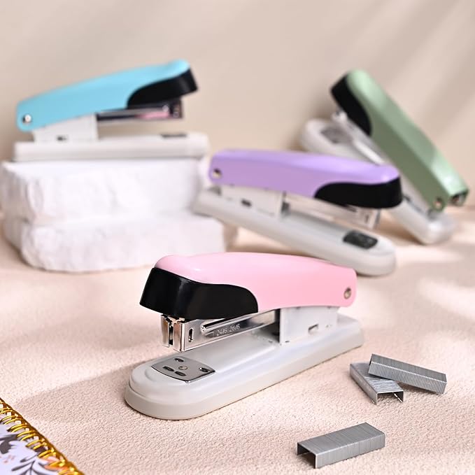 Temiary Stapler, Desktop Metal Staplers with 2000 Standard Staples, 25 Sheet Capacity, One Finger Stapling, Jam Free, No Effort Staplers for Classroom, Office or Desk (Pink)