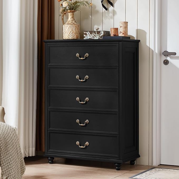 Farmhouse 5 Drawer Dresser for Bedroom, 45" Tall Rustic Chests of Drawers w/ 4 Solid Wood Feet, Mid Century Modern Wooden Closet Storage Dressers Organizer for Living Room, Hallway, Black