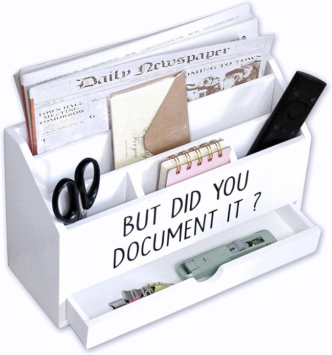 Wooden White Rustic Countertop Mail Storage Holder with Drawer and Compartments - Office Desk Accessories and Workspace Organizers - Desktop Sorter for Pen Stationery Letter Files Documents