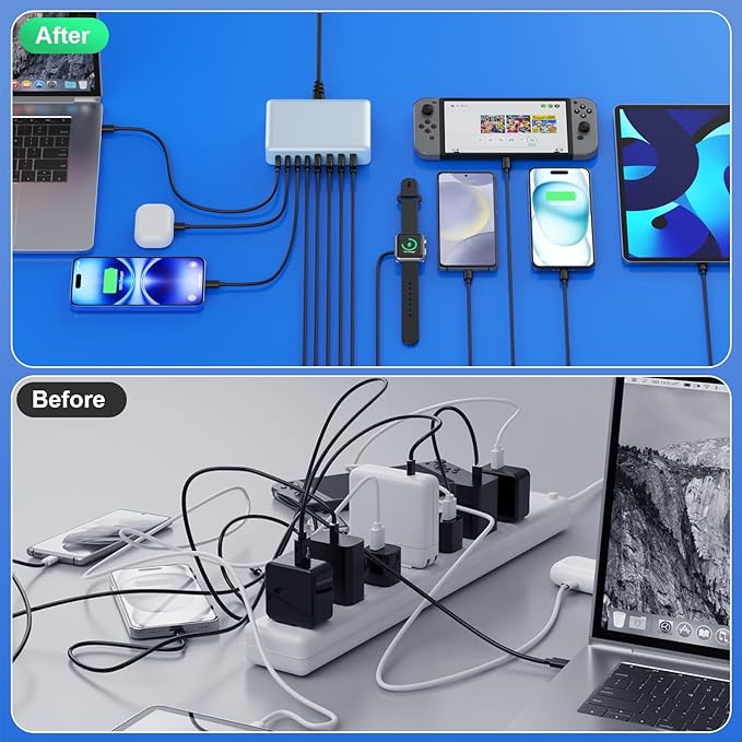 USB C Charger 300W USB C Charger Block 8-Ports GaN IV Fast Charging Station,PD 100W Laptop Charging Hub Wall Adapter Compatible with MacBook/Air,DELL,Steam Desk,iPhone 16/15/14,Galaxy S24 etc