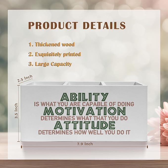 Motivational Office Pencil Pen Holder for Desk, Ability Motivation Attitude Wooden Pencil Holder Organizer for Home Office Desk Accessories, Encouragement Gifts for Women