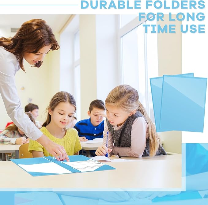 Henoyso 48 Pcs Plastic Folder with Clear Front Pocket and 3 Prongs Heavy Duty Plastic Folders with Card Slot Pocket Folders with Prongs for School Office Home(Light Blue)