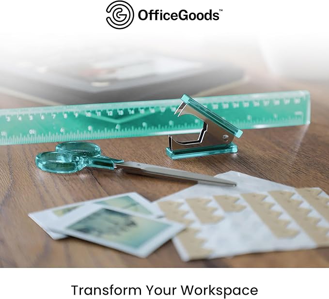 OfficeGoods 3 Piece Acrylic Desk Set - Includes Ruler, Staple Remover, Scissors - Functional & Elegant Desk Accessories - Stationery Tools for Home, Office, and School - Green with Silver Metal