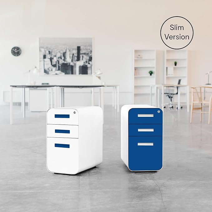 Laura Davidson Furniture Stockpile Slim 3-Drawer Mobile File Cabinet with Lock - Under Desk Metal Filing Cabinet, Legal/Letter File Folders, Wheels and Stationary Feet, Pre-Assembled, Blue Faceplate