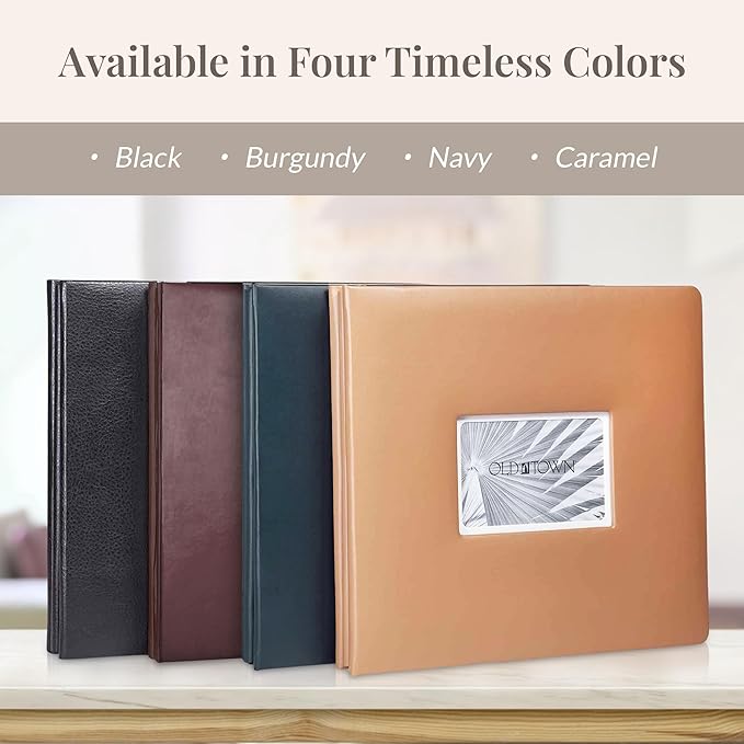 Old Town Bonded Leather Photo Album, Large Leather Scrapbook, Expandable Scrapbook Album 12x12 Double-Sided White Paper Pages and Optically Clear Pockets, Faux Suede Lining, Black