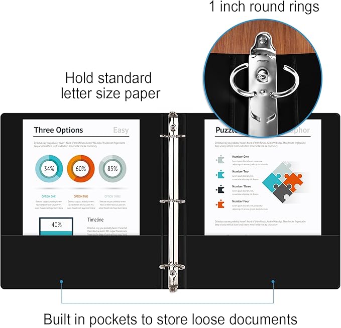 COMIX Sturdy 3 Ring Binder 1 inch with Clear View Cover, 1" Round Ring View Binder, PVC-Free, 200 Sheets Capacity of US Letter Size Paper, Office & School Supplies, Pack of 12 (Black)