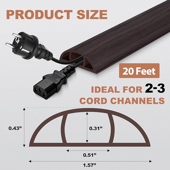 Floor Cord Cover for Wires on Floor Self Adhesive Cord Hider Floor Cable Management Wire Covers for Cords Protector Prevent Cable Trips Cord Cavity W 0.51" x H 0.31", Black Walnut, 20Ft