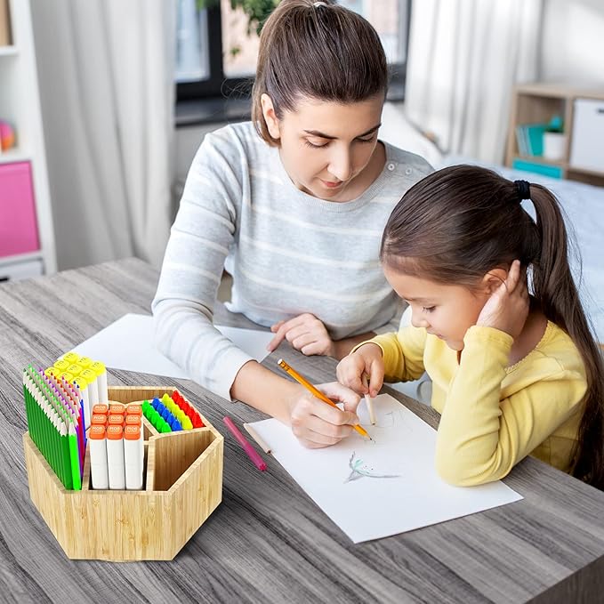 Bamboo Art Supply Organizer, Back to School Supplies, Hold 350+ Pencils, Rotating School Supplies Holder for Pen, Colored Pencil, Art Brushes, Desktop Storage Caddy for Classroom & Art Studio