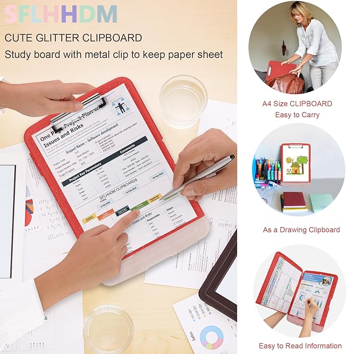Glitter Clipboard with Storage,Storage Clipboard with Pen Holder,A4 Binder Clip Boards 8.5x11 with Low Profile Clip,Side Opening Sparkle Clipboards, Clipboards Folder for Office Supplies-Red