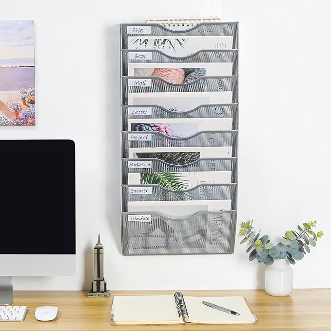 PAG Hanging Wall File Holder Organizer Mail Sorter Literature Rack for Office, 8 Pockets, Silver