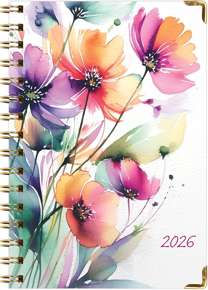 HARDCOVER 2026 Planner, 5.5"x8": 14 Months (November 2025 - December 2026), Daily Weekly Monthly Planner, Yearly Agenda, Bookmark, Pocket Folder and Sticky Note Set (Rainbow Floral)