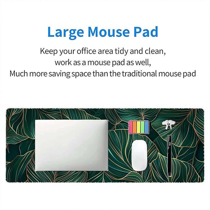 Green Leaves Desk Mat Gaming Mouse Pad Gold Tropical Palm Leaves Large Gaming Mouse Mat with Stitched Edges,Non-Slip Waterproof Rubber Base Mous Mat Office Computer Keyboard Laptop Home 31.5"x11.8"