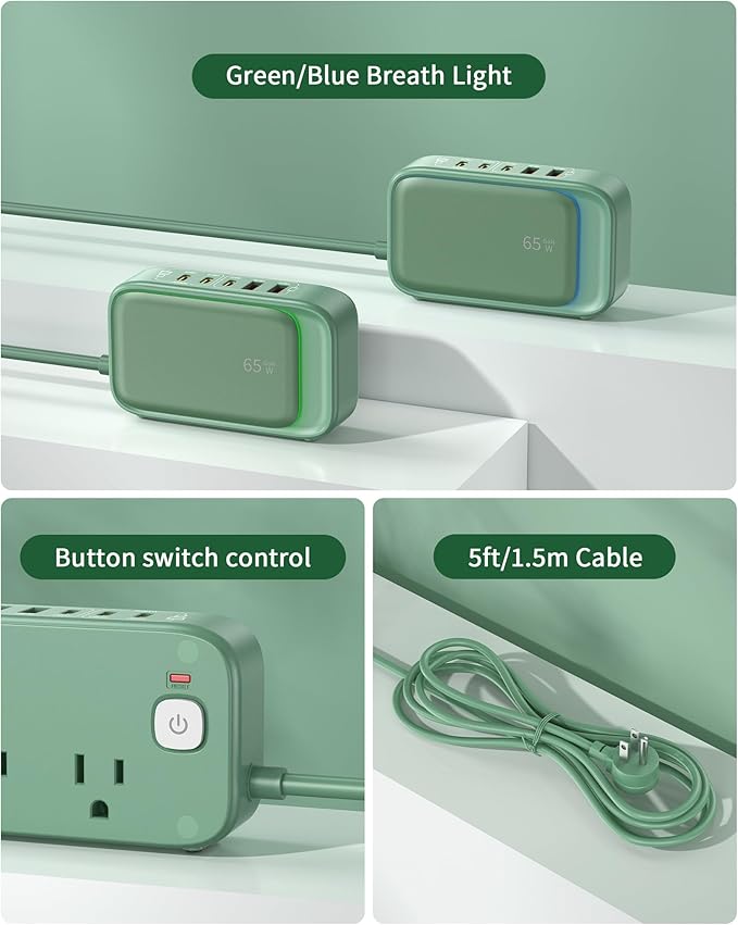 Power Strip with USB C Ports,30W USB C Charging Station,Surge Protection 1200J, 5FT Flat Extension Cord USB Charger Hub for Multiple Devices (Pearl Green)