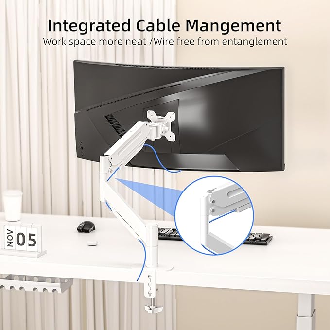 Suptek Single Monitor Mount,Ultrawide Monitor Arm Mount Single Desk Mount for 17 to 43 inch Curved Screen,Holds 28.6 lbs,Pneumatic Height,75/100 Vesa Mount,White(MD71MW)