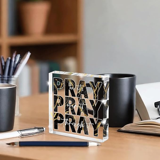 Black Gold Desk Decorations for Office, Ideal Christian Gifts for Women - Pray On It,Pray Over It - Bible Verse Desk Art, Inspirational Decor, Dorm Room Decor for Women, 4 x 4 inches(Black Gold)