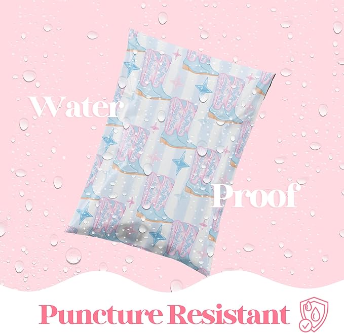 14.5x19 Designer Poly Mailer 100 Pack Heavy Duty Waterproof Self Seal Shipping Bags for Small Business Large Mailing Envelopes Bulk Tear Resistant Packaging Cowgirl Boots Western