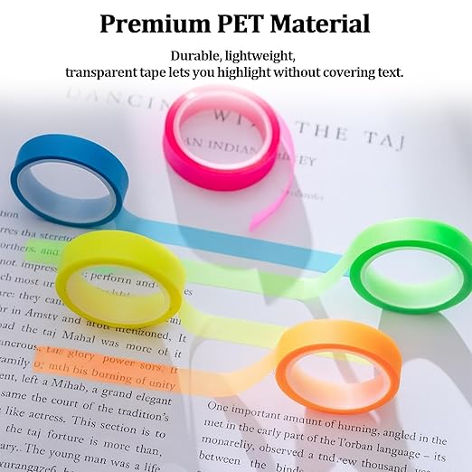 10 Rolls Highlighter Tapes, Colored Transparent Marking Sticker, Removable Fluorescent Neon Tape for Students Teachers Reading Taking Notes at Class Home Office