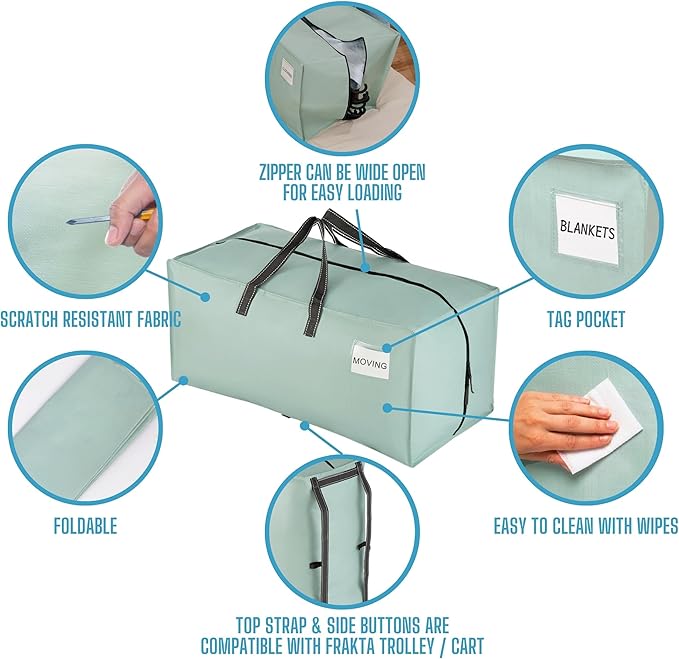 VENO 8 Pack Moving Bags w/Backpack Straps, Heavy Duty, Moving Boxes Alternative, Packing Supplies, Large Storage Totes for Dorm Room Essentials with Zipper for Clothes (Light Green Matte, 8 Pack)