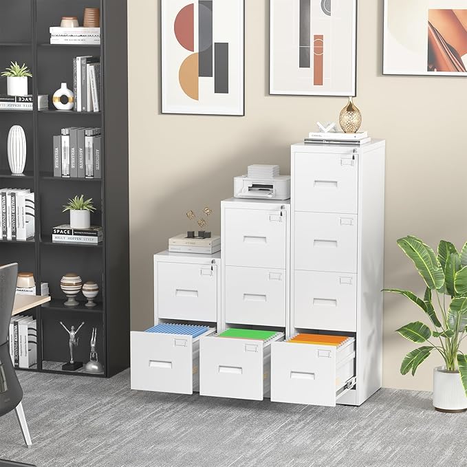 INTERGREAT 2 Drawer File Cabinet, White Metal Filing Cabinet with Lock, Lockable Narrow Storage Cabinet with 4 Adjustable Hanging Rods for Home Office
