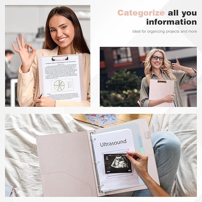 Ospelelf 3 Ring Binder with Clipboard, 1 Inch Leather, Letter Size (8.5" x 11"), Clipboard Binder with 5 Tab Dividers, Rose Gold