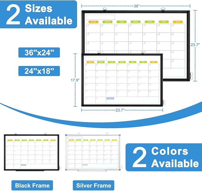 Dry Erase Calendar Whiteboard for Wall, WALGLASS 24" x 18" Magnetic White Board, Monthly Dry Erase Calendar with Black Aluminum Frame, Double-Sided Hanging Portable Board for Office, Home, School