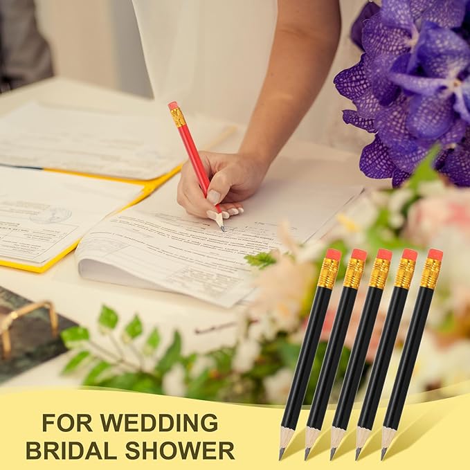 MECCANIXITY Golf Pencils with Erasers, 4" HB Mini Half Pencils Pre Sharpened Small Pens for Wedding Bridal Shower Game Office Writing Drawing(Black, Pack of 50)