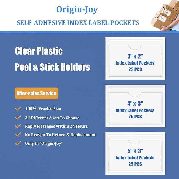 Origin-Joy 25 PCS Self-Adhesive Index Label Pockets, Clear Plastic Peel & Stick Card Holders with Top Open for Loading (3.5 x 2.5 inch)