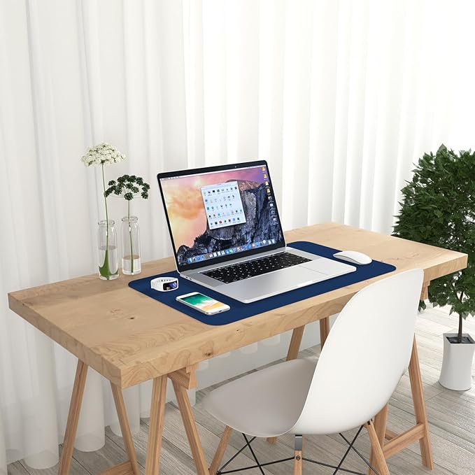 Hsurbtra Desk Pad, 23.6" x 13.8" PU Leather Desk Mat, M Extended Mouse Pad, Waterproof Desktop Blotter Protector, Non-Slip Ultra Thin Small Laptop Keyboard Writing Mat for Office Home, Navy Blue