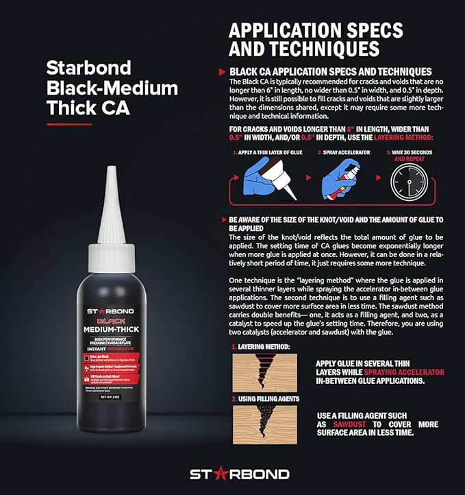 Premium Grade Cyanoacrylate (CA) Super Glue by STARBOND - 16 OZ Complete Refill KIT (453-gram) - Black Medium-Thick Knot Filler 500 CPS Viscosity Adhesive for Woodworking, Woodturning, Carpentry