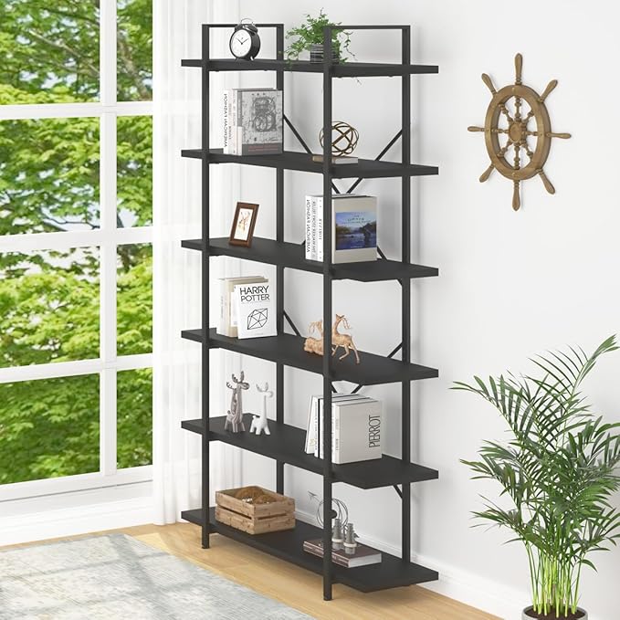 HSH 6 Tier Tall Black Bookshelf, Modern Large Storage Book Shelves & Display Book Shelf,Industrial Open Vertical Metal and Wood Black Bookcases 6 Shelf for Bedroom Living Room Office, Black Oak