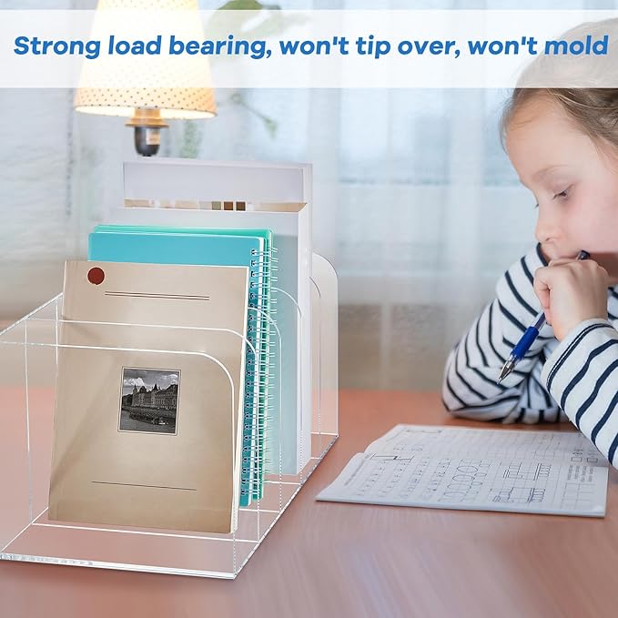 Suzile 2 Sets of Clear Acrylic Magazine Holder with 5 Vertical Compartments Magazine File Holder Acrylic Desk Organizer Book Rack for Desk Sorter Paper Folder Office Accessories Storage Organization