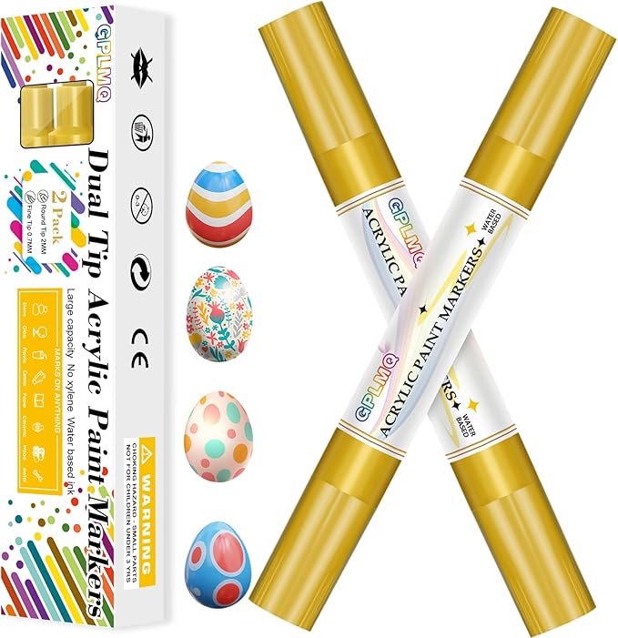 Paint Markers Paint Pens - 2 Pack Dual Tip Acrylic Permanent Marker (0.7mm & 3mm), Non-Toxic, Water-Based for Art Painting, Stone, Ceramic, Glass, Wood, Fabric, Metal, DIY Crafts (Gold)
