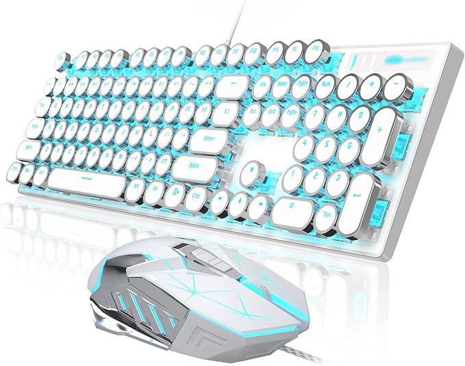 Retro Typewriter Keyboard and Mouse Combo, Cute White Keyboard with Linear Red Switches, Full Size Wired Mechanical Gaming Keyboard, Cool Light Up Keyboard and Mouse for Gaming,Work,Mac,PC,Windows