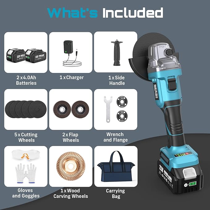 SEESII Cordless Angle Grinder 4-1/2 Inch, 21V Brushless Battery Grinder Tool with 2X 4.0Ah Batteries, 10000RPM for Metal Cutting, Grinding, Polishing, Rust Removal (Blue)