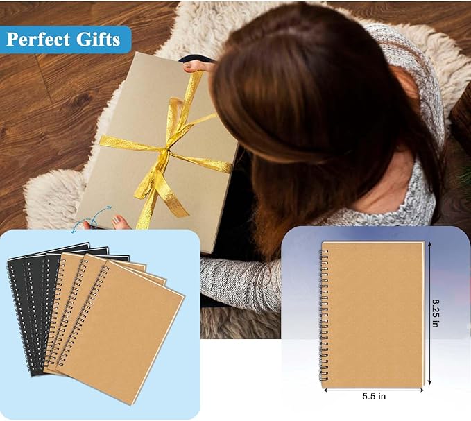 GINMLYDA 6Pack Small Spiral Notebook A5, 8.25x5.5” 120 Lined Pages Wide Ruled Spiral Journal Bulk Blank Kraft Cover Spiral Bound Notebook & Writing Pads for Home Office Meeting Work Note Taking