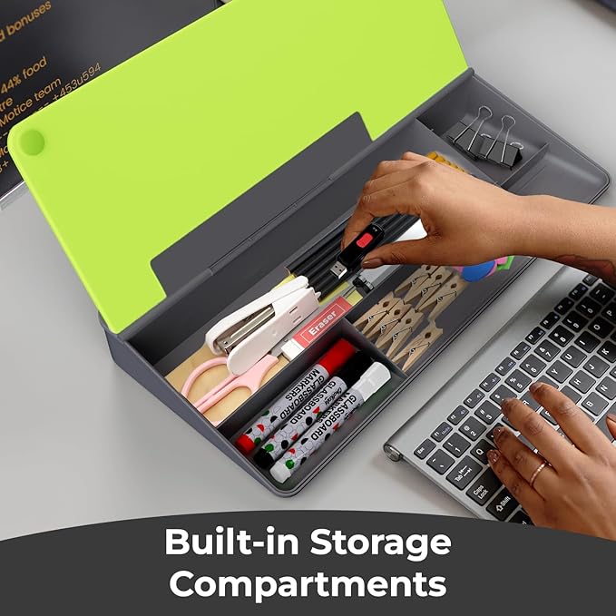 Chalkola Neon Green Glass Desktop Whiteboard with Storage - Dry Erase Board, Work Desk Organizers, Computer Keyboard Stand, Home Office Desk Accessories, Workspace Desktop Buddy + 3 Markers