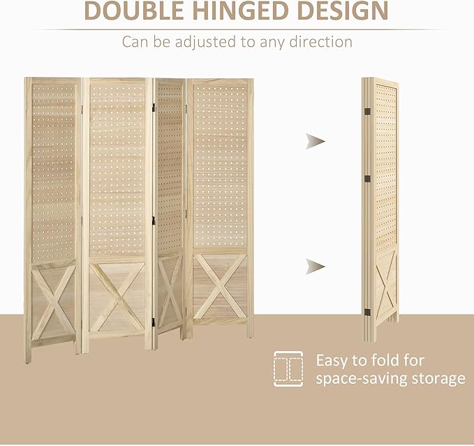 NicBex Room Divider 4 Panel Room Dividers with Pegboard Design Partition Room Dividers and Folding Privacy Screens 4.7 FT Wall Divider for Home, Office, Room Separation,59.75"W x 0.75"D x 57"H,Natural