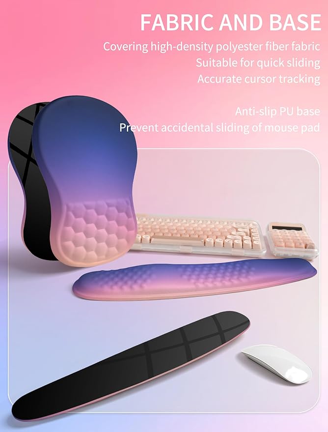 Hokafenle 2in1 Combination, Wave Keyboard Wrist Rest and Ergonomic Curvature Mouse Pad Wrist Support for Relieve Wrist Pain, Filled with Soft Cushion Memory Foam, Dawn